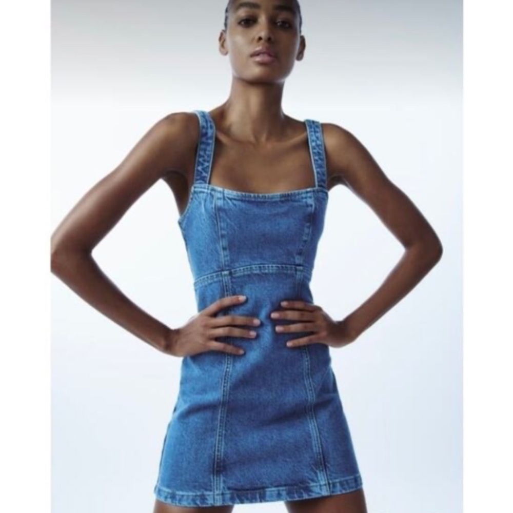 Zara Denim Mini Dress with Criss-Cross Corset Tie Back